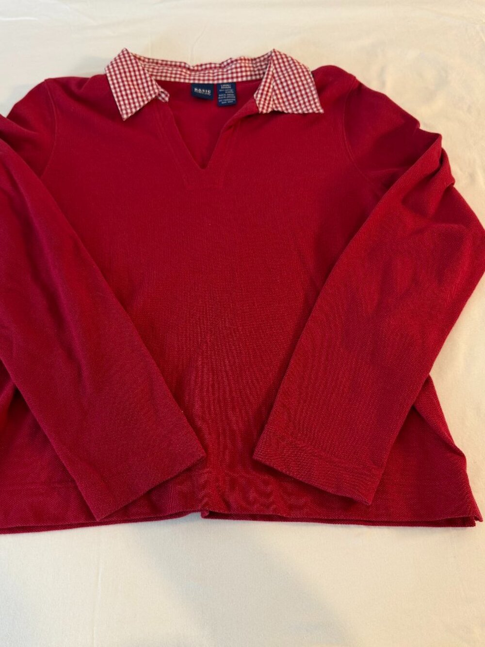 Basic Editions Women's Red Long Sleeve Polo Top Gingham Collar Size Large L